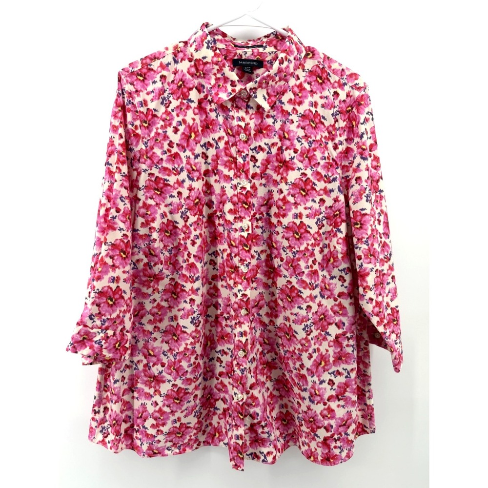 Lands End Pink White Floral No Iron Supima Cotton 3/4 Sleeve Button Women 22 EUC